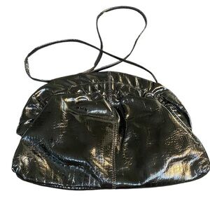 VINTAGE BRIO! Black Patent Leather Clamshell Clutch Purse w/ Silvertone Hardware